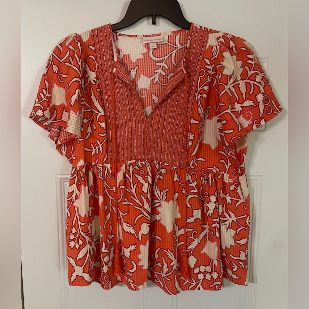 Knox Rose Flutter Sleeve Tassel Short Sleeve Blouse Large Boho Bright Floral